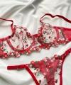 Balenli Sütyen Takımı Kırmızı Kalpli Dantelli Iç Çamaşırı Takımı
