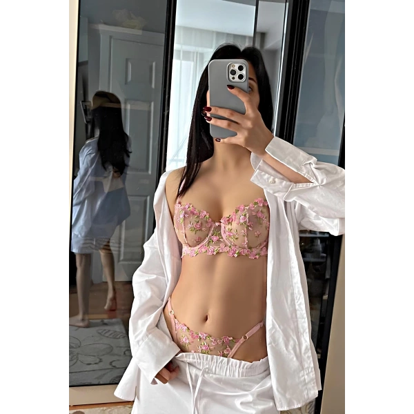 Prenses Yumuşacık Çiçekli Dantel Detaylı Balenli Sütyen Külot Takımı