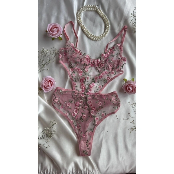 Pembe Çiçekli Brode Balenli Kapsız Bodysuit