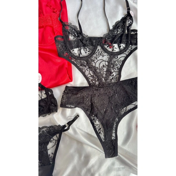 Çeyiz Seti Siyah Transparan Bodysuit ve Balenli Kapsız Tül Sütyen Takımı