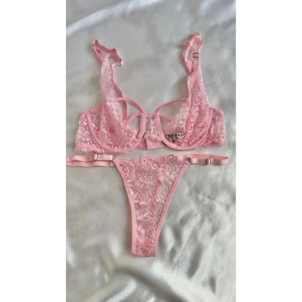 Pembe Dantel Balenli Kapsız Tül Sütyen Takımı