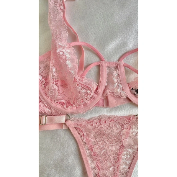 Pembe Dantel Balenli Kapsız Tül Sütyen Takımı
