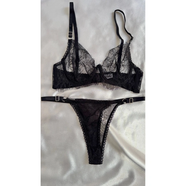 Siyah Dantel Balenli Kapsız Tül Sütyen Takımı