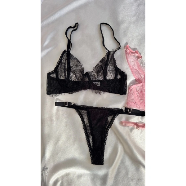 Siyah Dantel Balenli Kapsız Tül Sütyen Takımı