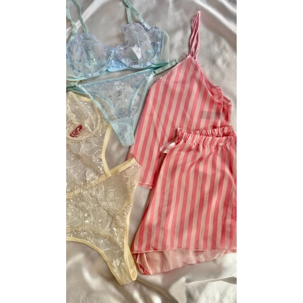 Kadın 5li Saten Gecelik Sütyen Şort Çeyiz Seti