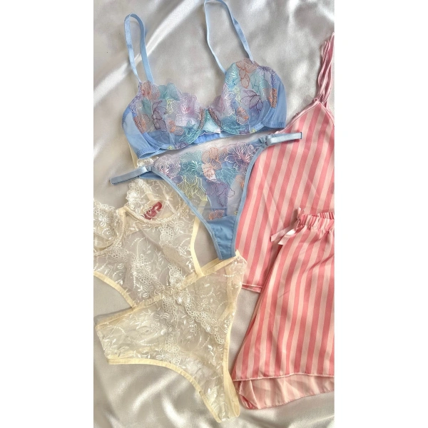 Kadın 5li Saten Gecelik Sütyen Şort Çeyiz Seti