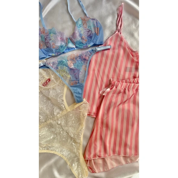 Kadın 5li Saten Gecelik Sütyen Şort Çeyiz Seti