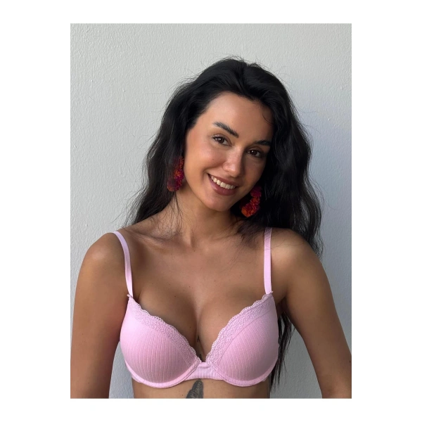 Vintage Pembe Destekli Balenli Dantelli Sütyen