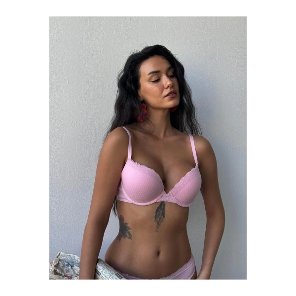 Vintage Pembe Destekli Balenli Dantelli Sütyen