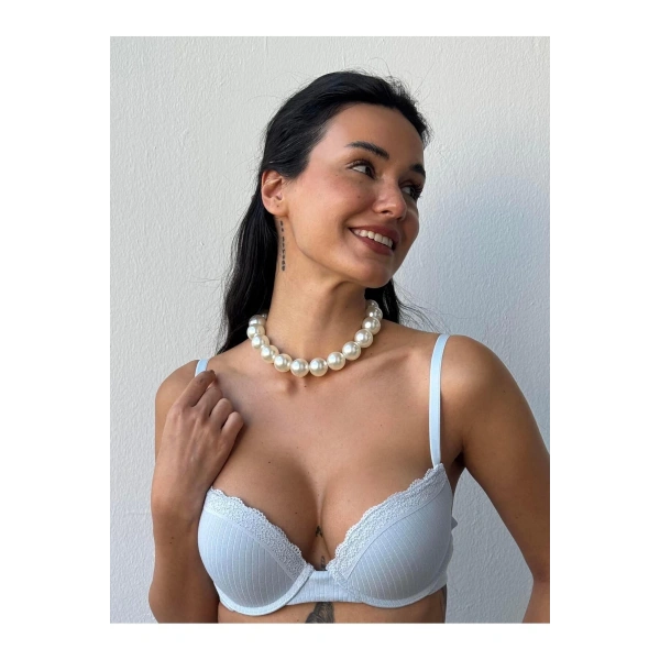 Vintage Mavi Destekli Balenli Dantelli Sütyen