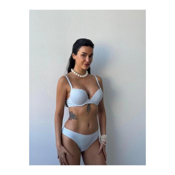 Vintage Mavi Destekli Balenli Dantelli Sütyen