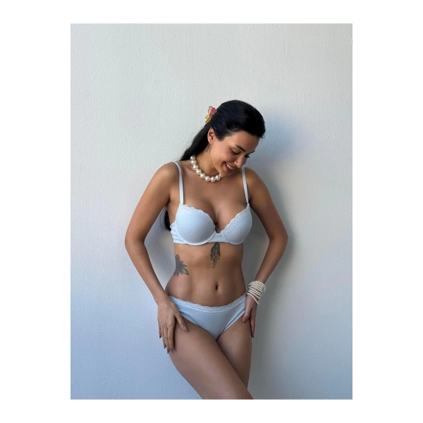 Vintage Mavi Destekli Balenli Dantelli Sütyen