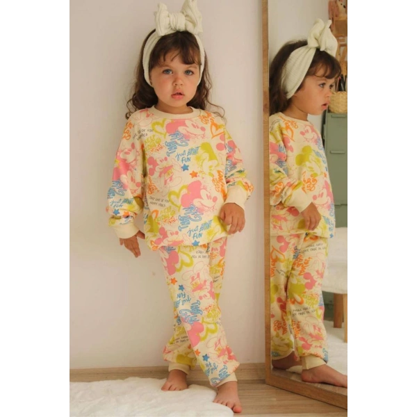 Bayramlık Mickey Desenli Renkli Sweatshirt Eşofman Altı Kız Çocuk Takım