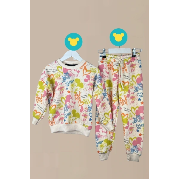 Bayramlık Mickey Desenli Renkli Sweatshirt Eşofman Altı Kız Çocuk Takım