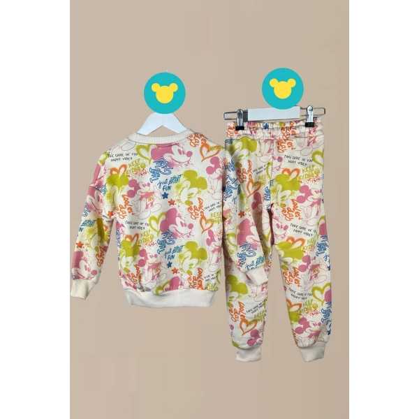 Bayramlık Mickey Desenli Renkli Sweatshirt Eşofman Altı Kız Çocuk Takım
