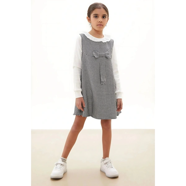 Bayramlık Siyah Kazayağı Desenli Fiyonklu Kız Çocuk Badili Elbise