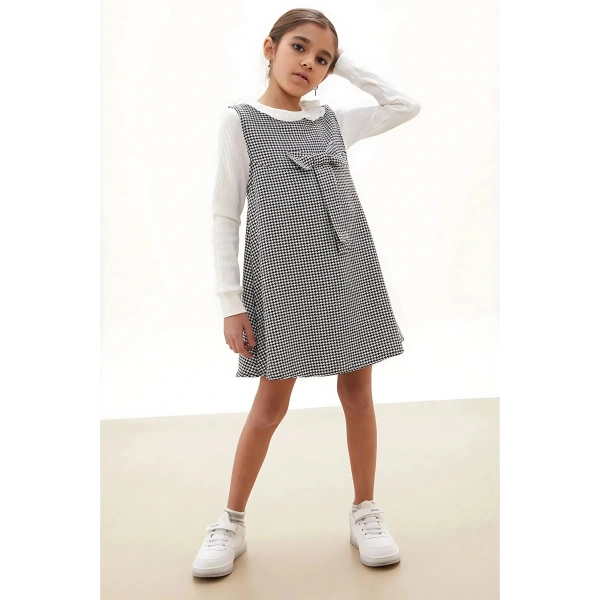 Bayramlık Siyah Kazayağı Desenli Fiyonklu Kız Çocuk Badili Elbise