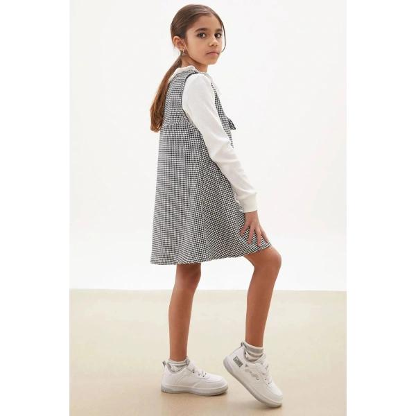 Bayramlık Siyah Kazayağı Desenli Fiyonklu Kız Çocuk Badili Elbise