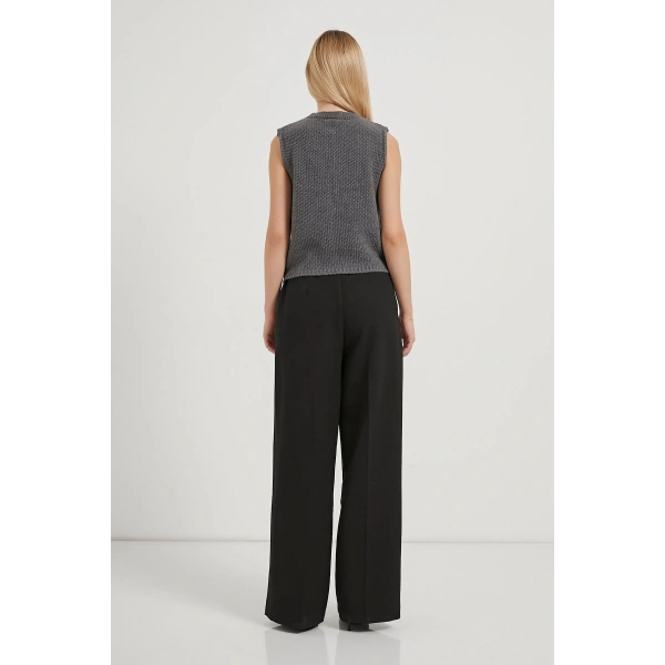 Kadın Bağlama Detaylı Basic Füme Crop Triko Yelek