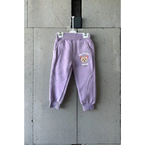 Bayramlık Lila Ayıcık Nakışlı Kız Çocuk Eşofman Takımı