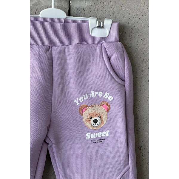 Bayramlık Lila Ayıcık Nakışlı Kız Çocuk Eşofman Takımı