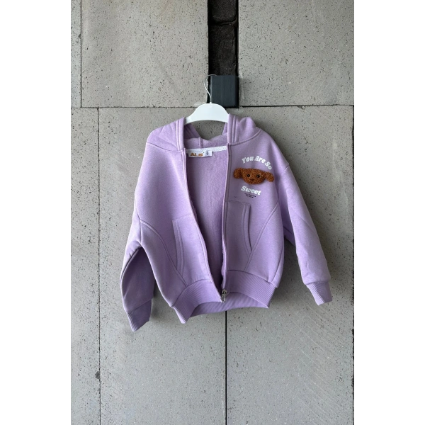 Bayramlık Lila Ayıcık Nakışlı Kız Çocuk Eşofman Takımı