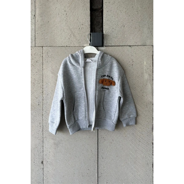 Bayramlık Gri Ayıcık Nakışlı Kız Çocuk Eşofman Takımı