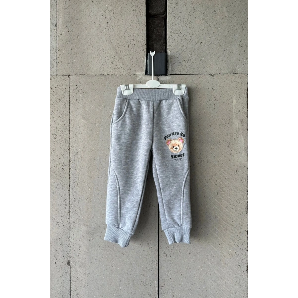 Bayramlık Gri Ayıcık Nakışlı Kız Çocuk Eşofman Takımı