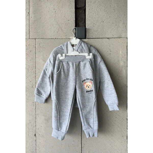 Bayramlık Gri Ayıcık Nakışlı Kız Çocuk Eşofman Takımı