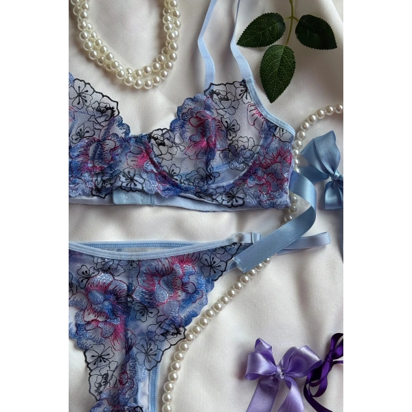 Mavi Premium Sütyen Takımı - Transparan Çiçekli Tül İç Giyim Seti