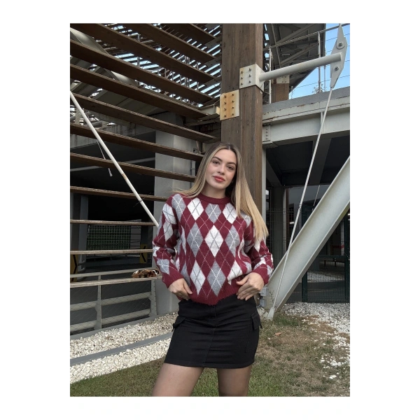 Bordo Bisiklet Yaka Oversize Kadın Triko Kazak