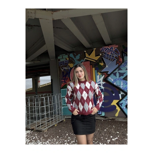 Bordo Bisiklet Yaka Oversize Kadın Triko Kazak