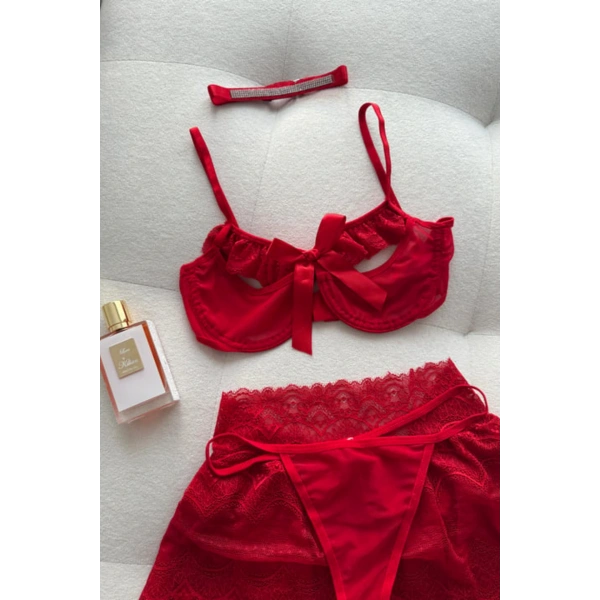 Stella Dantel Detaylı Kırmızı Etekli Bralet Set