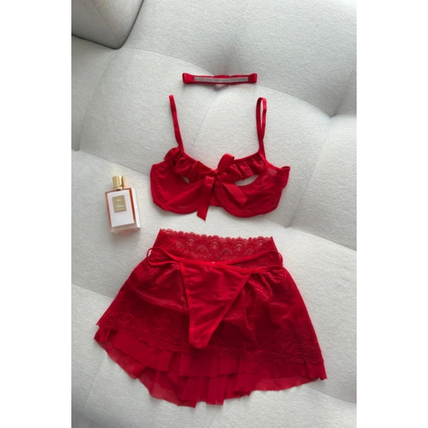 Stella Dantel Detaylı Kırmızı Etekli Bralet Set