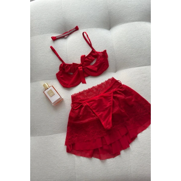 Stella Dantel Detaylı Kırmızı Etekli Bralet Set