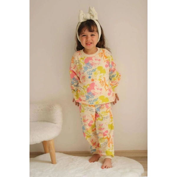 Bayramlık Mickey Desenli Renkli Sweatshirt Eşofman Altı Kız Çocuk Takım