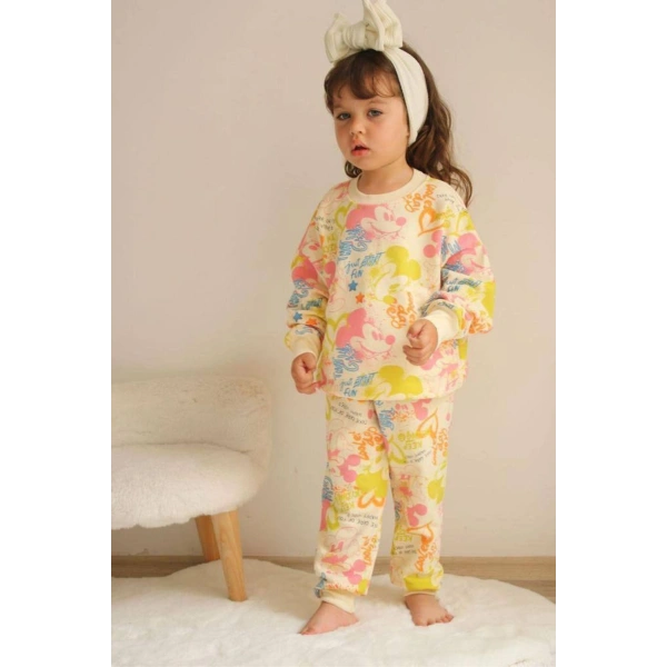 Bayramlık Mickey Desenli Renkli Sweatshirt Eşofman Altı Kız Çocuk Takım