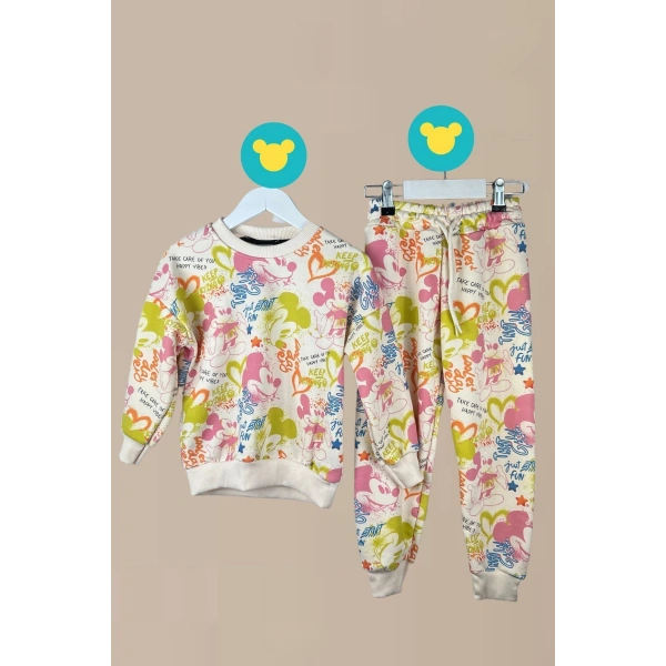 Bayramlık Mickey Desenli Renkli Sweatshirt Eşofman Altı Kız Çocuk Takım