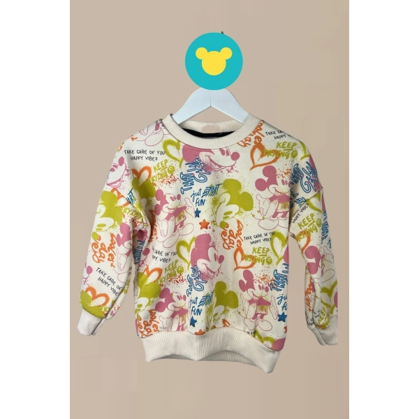 Bayramlık Mickey Desenli Renkli Sweatshirt Eşofman Altı Kız Çocuk Takım