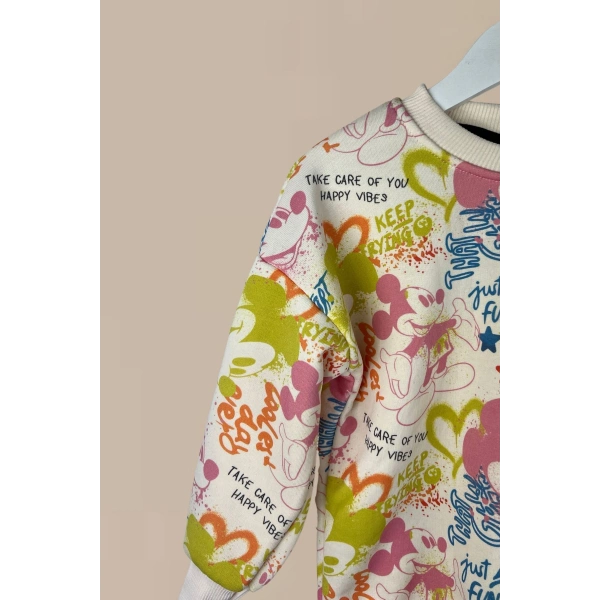 Bayramlık Mickey Desenli Renkli Sweatshirt Eşofman Altı Kız Çocuk Takım