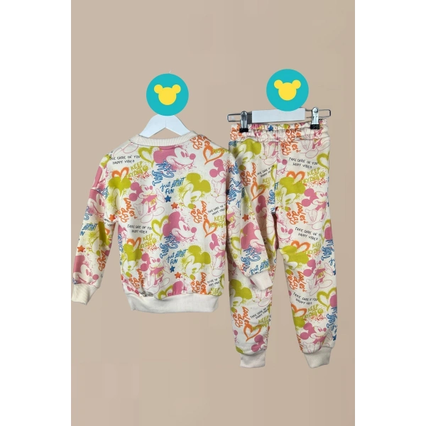 Bayramlık Mickey Desenli Renkli Sweatshirt Eşofman Altı Kız Çocuk Takım