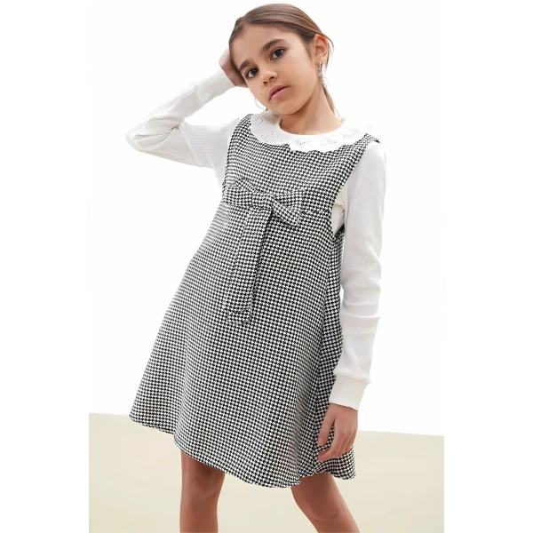 Bayramlık Siyah Kazayağı Desenli Fiyonklu Kız Çocuk Badili Elbise