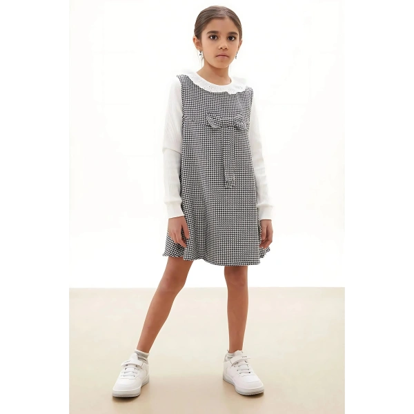 Bayramlık Siyah Kazayağı Desenli Fiyonklu Kız Çocuk Badili Elbise