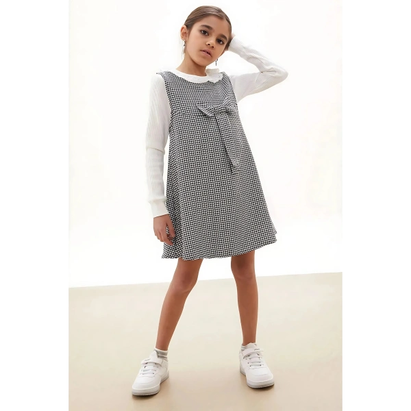 Bayramlık Siyah Kazayağı Desenli Fiyonklu Kız Çocuk Badili Elbise