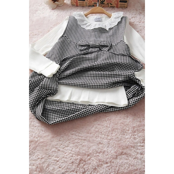 Bayramlık Siyah Kazayağı Desenli Fiyonklu Kız Çocuk Badili Elbise