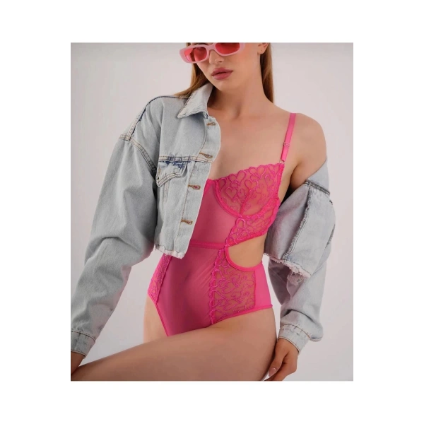 Pembe Kadın Fantezi Bodysuit Balenli Babydoll İç Çamaşır Takımı