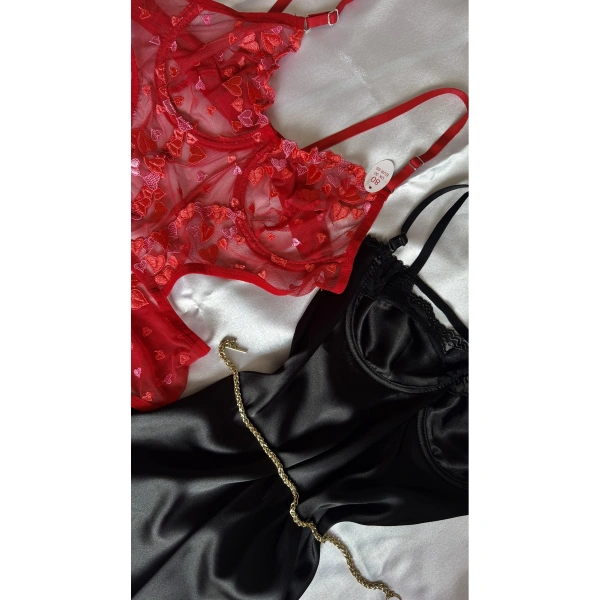Yılbaşı Hediyesi Limited Edition Kırmızı Transparan Body & Saten Dantel Siyah Gecelik Seti