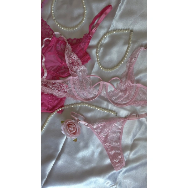 Pembe ve Fuşya Dantel Detaylı Transparan Sütyen & Tanga Seti