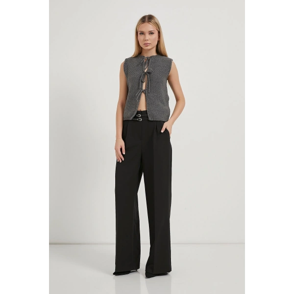 Kadın Bağlama Detaylı Basic Füme Crop Triko Yelek