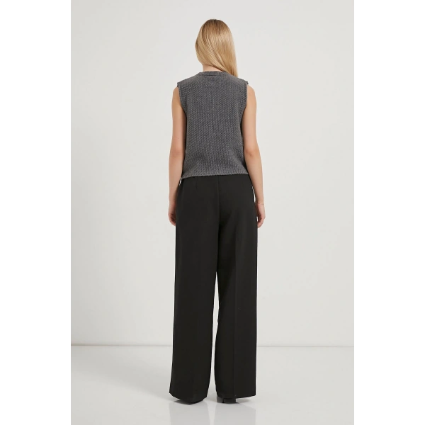 Kadın Bağlama Detaylı Basic Füme Crop Triko Yelek